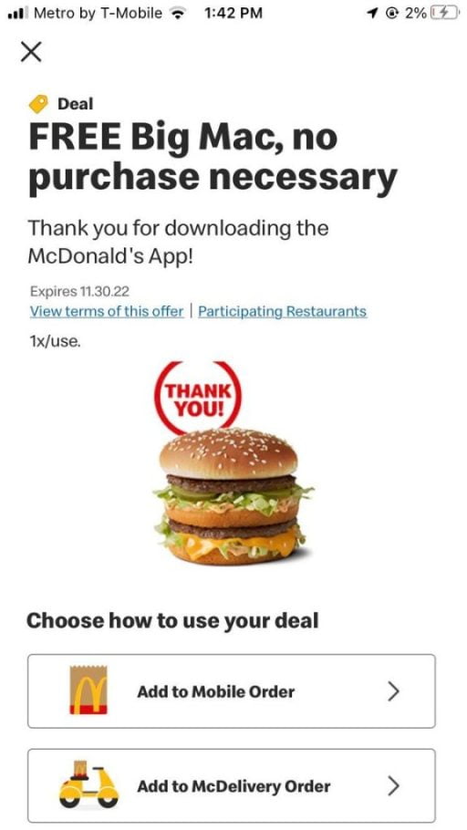 free big mac when you download mcdonalds app